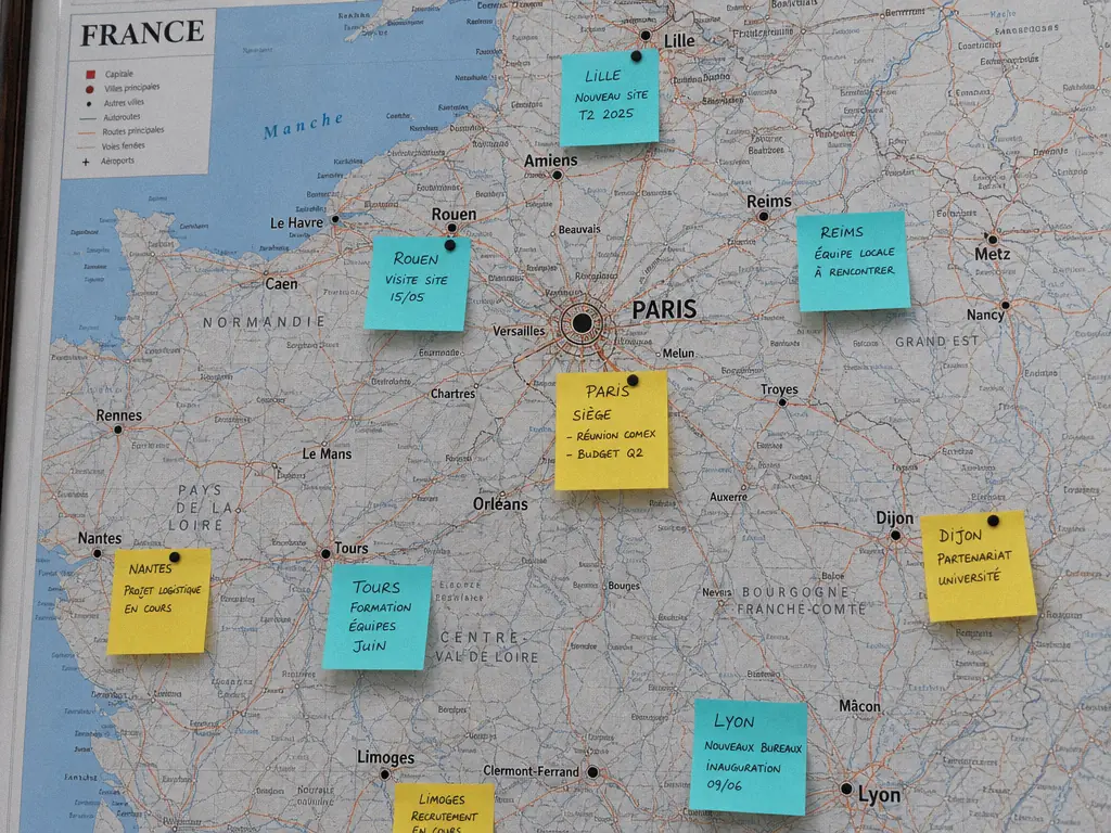 Carte de France couverte de post-it indiquant l’activité de chaque site du réseau