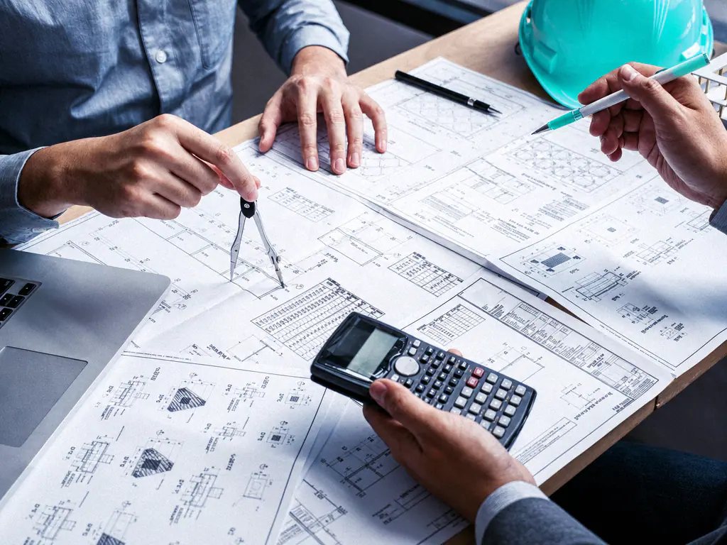 Deux ingénieurs annotent des plans techniques avec un compas et une calculatrice