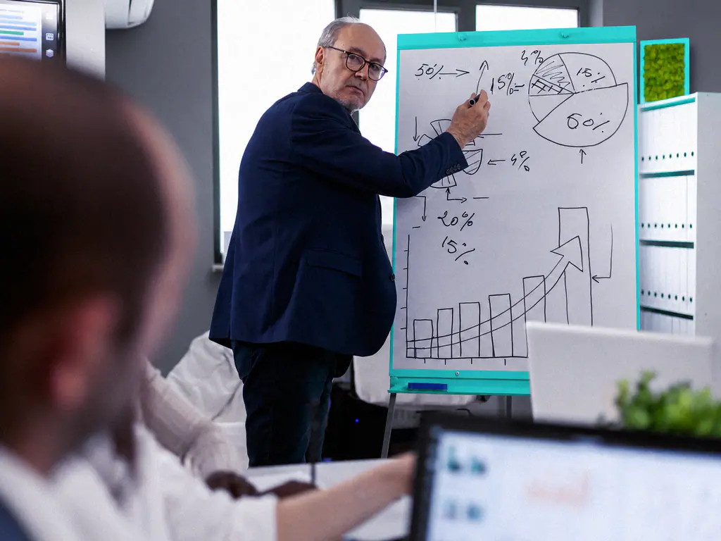 Un dirigeant présente des graphiques sur un paperboard lors d’une réunion