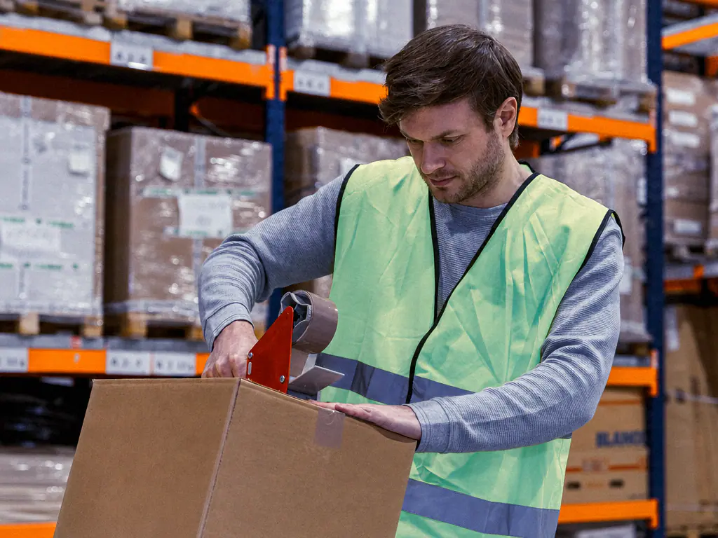 Un préparateur de commandes en gilet ferme un carton dans un entrepôt logistique