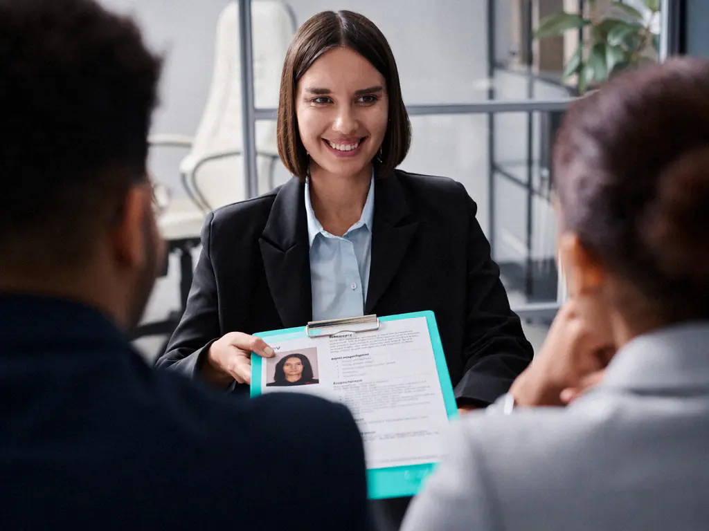 Une recruteuse présente un CV lors d’un entretien avec deux personnes