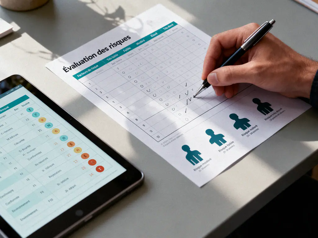 Fiche d’évaluation des risques remplie à la main à côté d’une tablette affichant une cotation des risques