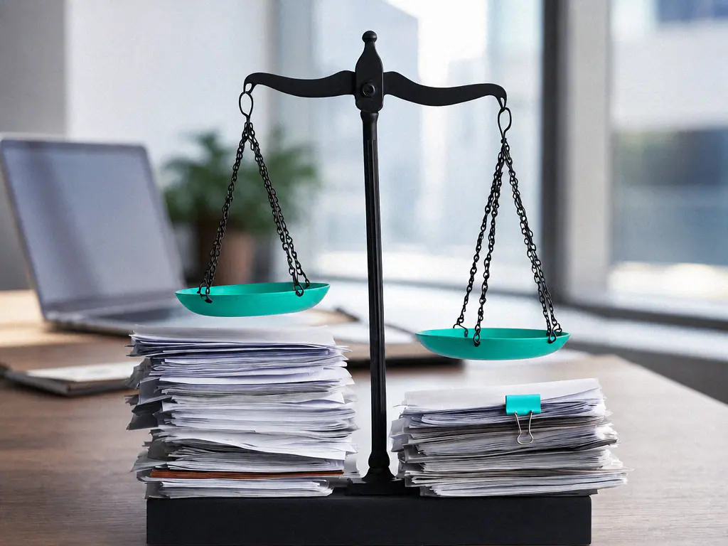 Balance aux plateaux mint chargée de deux piles de dossiers sur un bureau