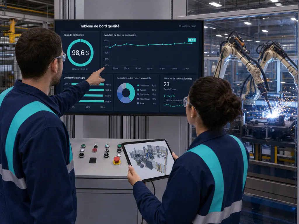 Deux techniciens devant un tableau de bord qualité affichant le taux de conformité par ligne
