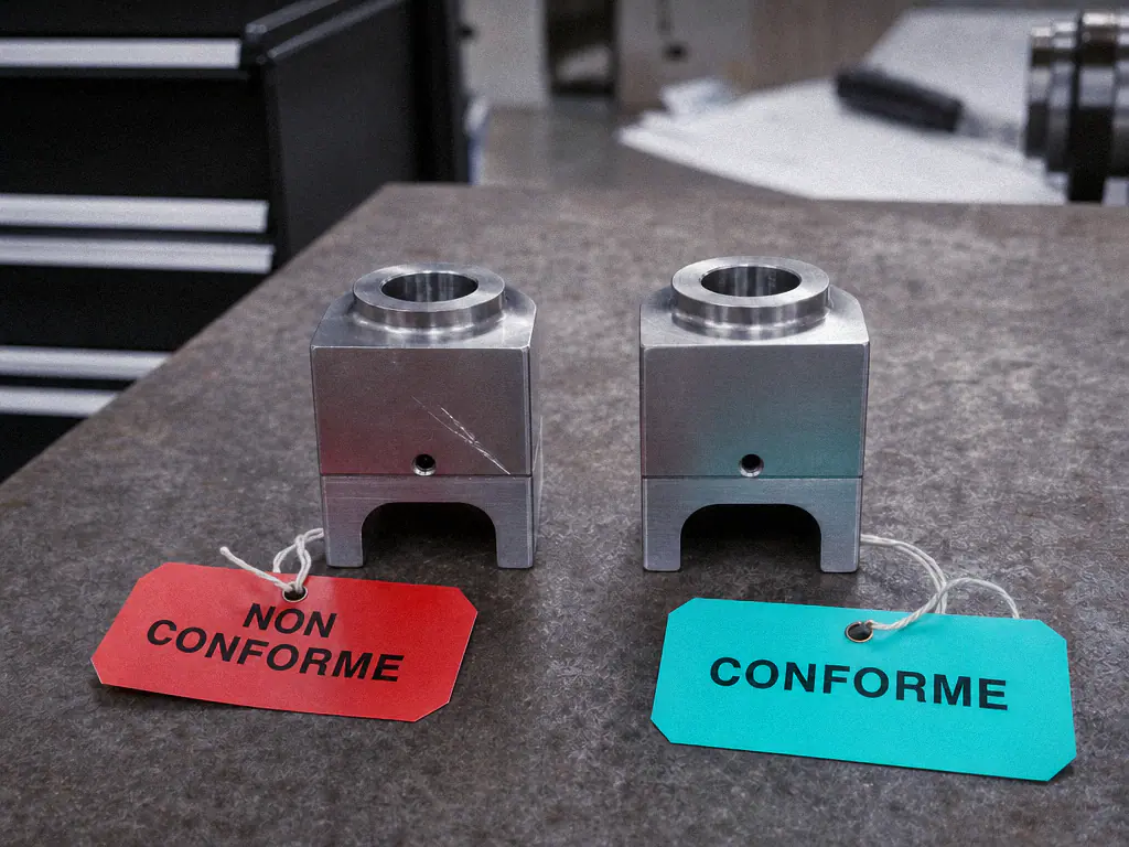Deux pièces usinées étiquetées conforme et non conforme sur un marbre de contrôle