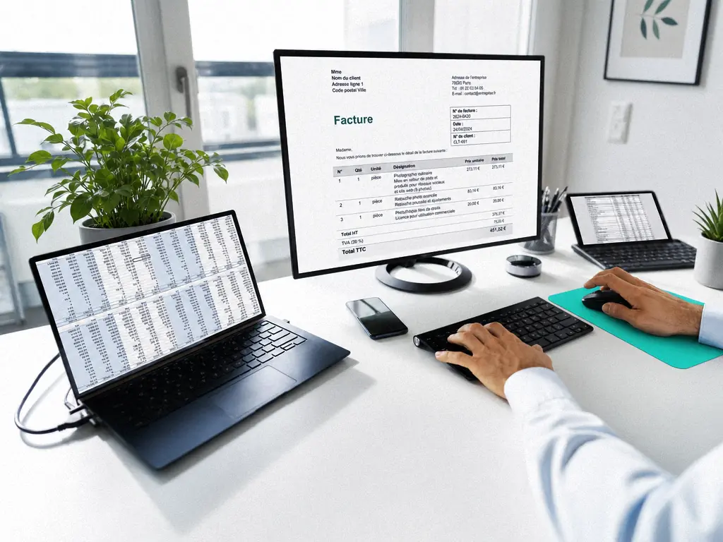 Comptable travaillant sur une facture affichée à l’écran, tableau de suivi ouvert sur un ordinateur portable