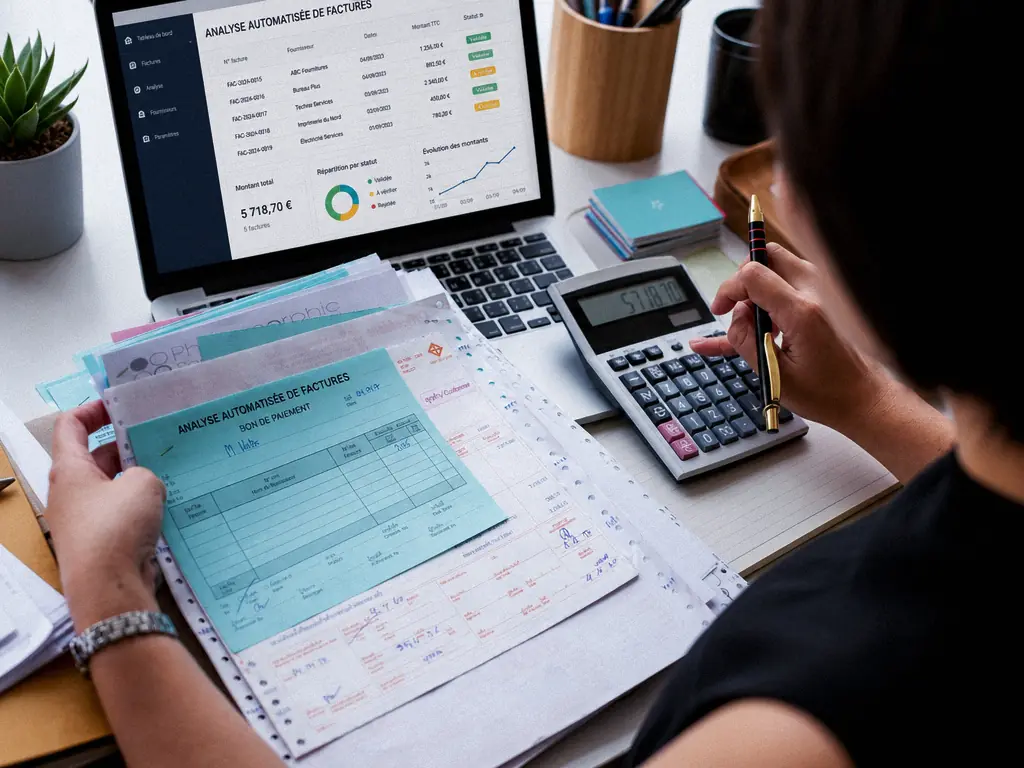 Comptable pointant des bons de paiement à la calculatrice devant un tableau de suivi des factures