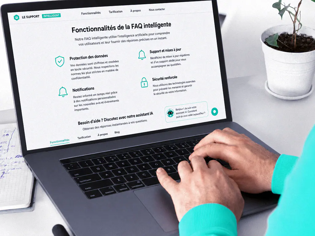 Page web présentant les fonctionnalités d’une FAQ intelligente sur un ordinateur portable