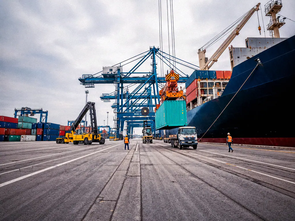 Terminal portuaire avec portique de levage, conteneur suspendu et camion en attente