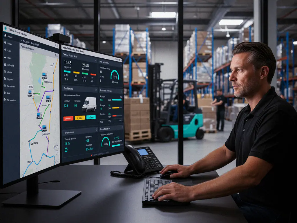 Responsable logistique devant un tableau de bord des expéditions et une carte des livraisons, entrepôt en fond