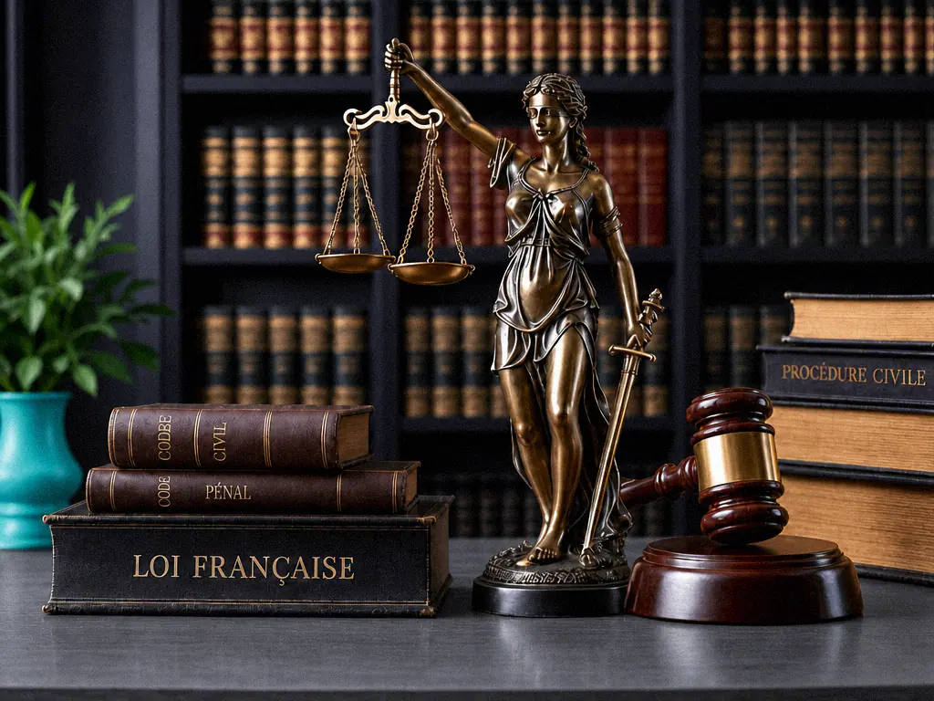Statue de la justice, balance et marteau devant des codes de droit français dans une bibliothèque