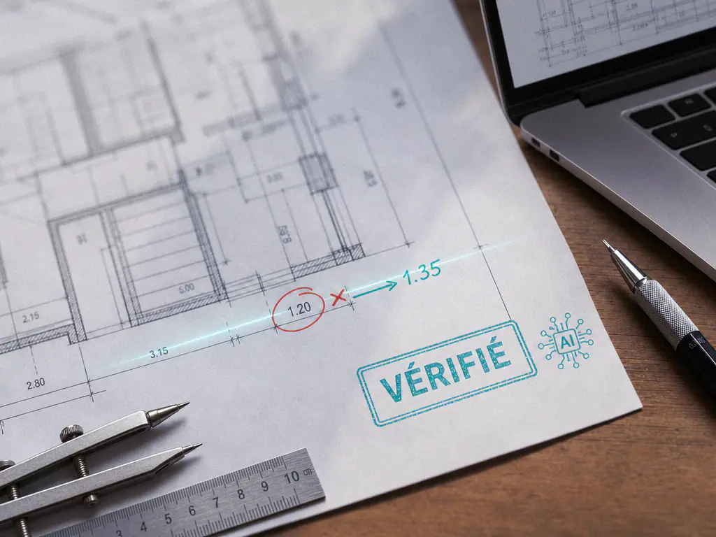 Plan technique annoté d’une cote corrigée et marqué d’un tampon vérifié, compas et règle posés dessus