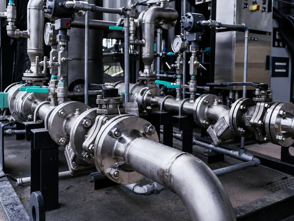 Tuyauteries inox, vannes et manomètres d’une installation industrielle