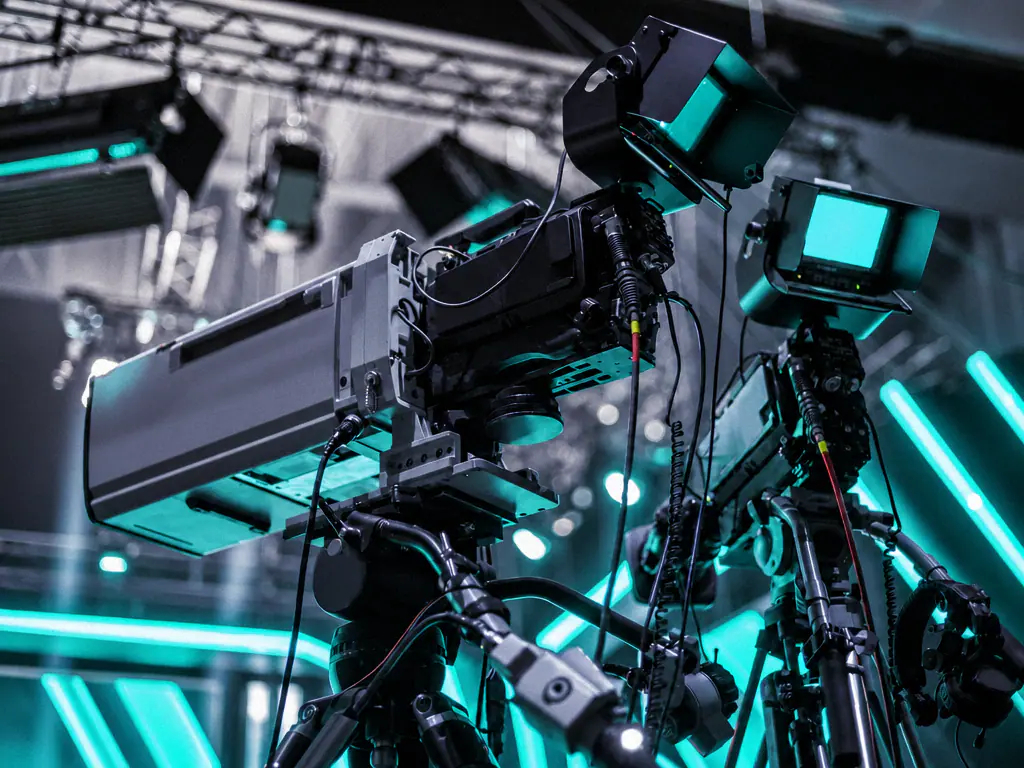 Des caméras de plateau sous les projecteurs d’un studio de télévision