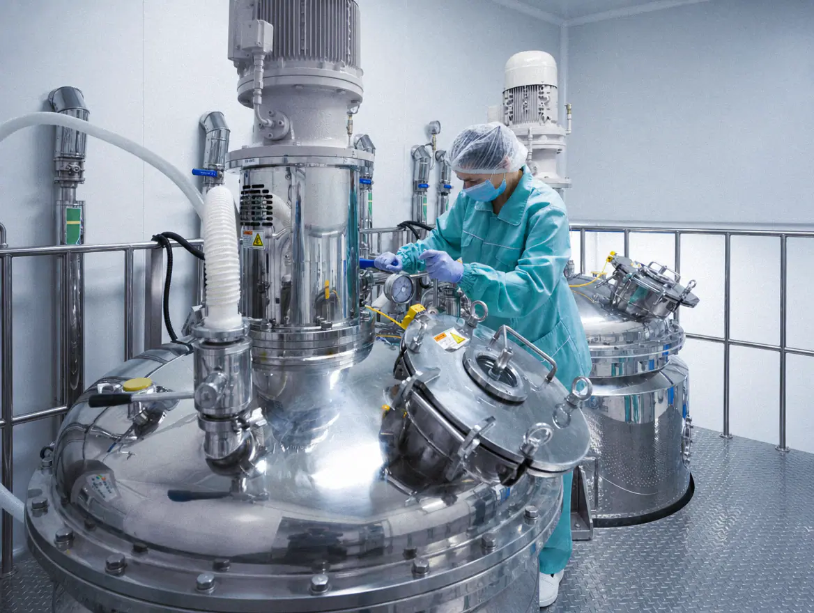Opératrice en tenue stérile travaillant devant des cuves de production pharmaceutique