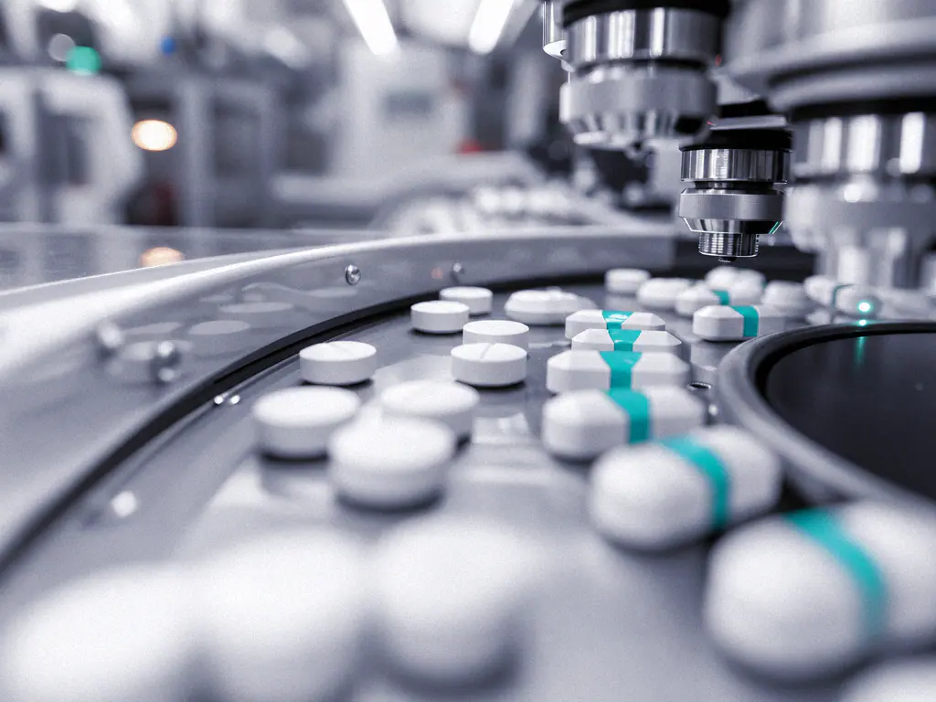 Comprimés blancs sur une ligne de conditionnement pharmaceutique