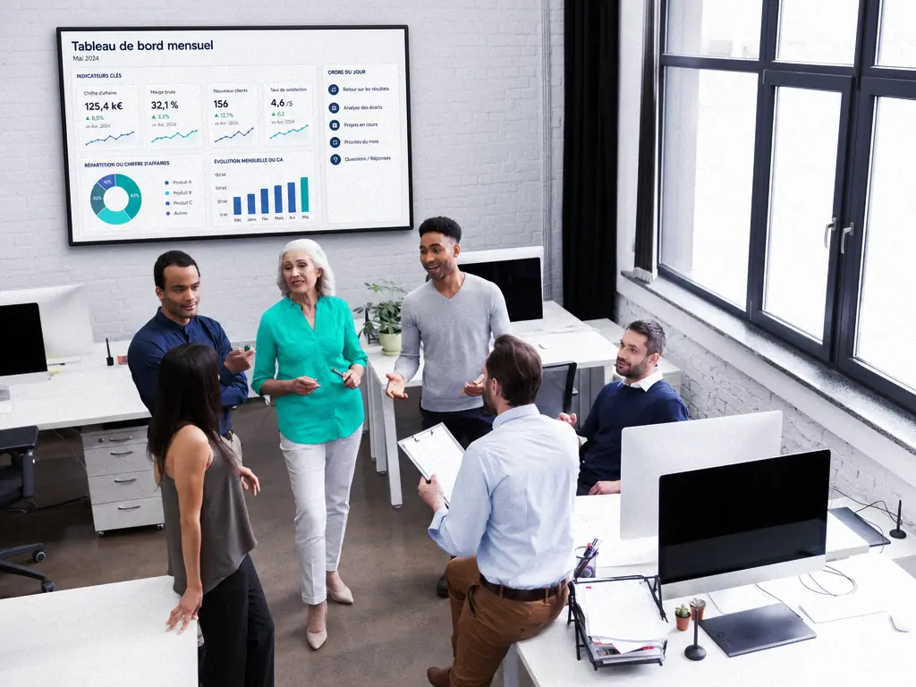 Équipe réunie devant un écran affichant un tableau de bord mensuel et l’analyse des écarts