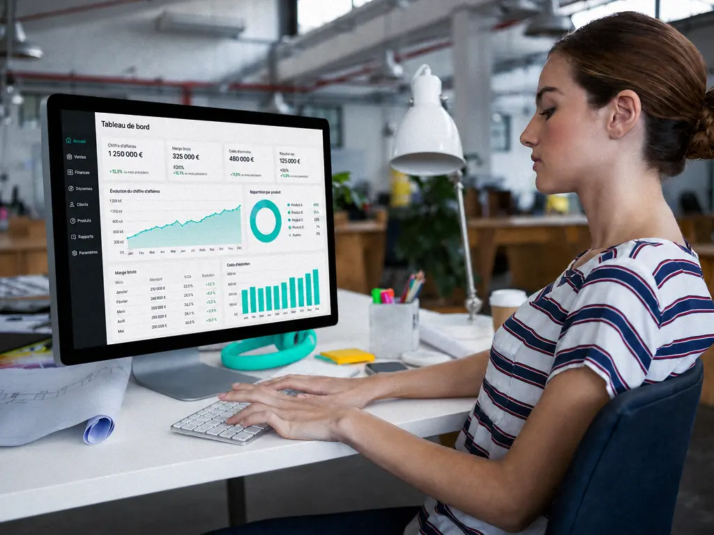 Collaboratrice consultant un tableau de bord financier en euros, marge brute et chiffre d’affaires