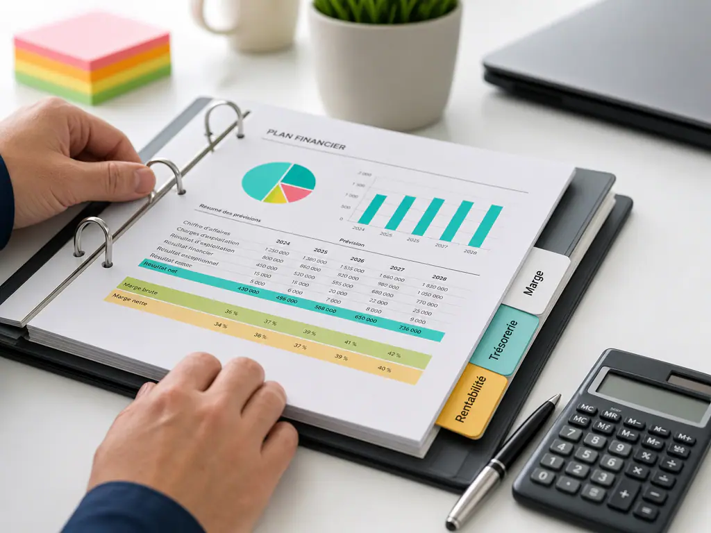 Classeur de plan financier ouvert sur le résumé des prévisions, onglets marge, trésorerie et rentabilité