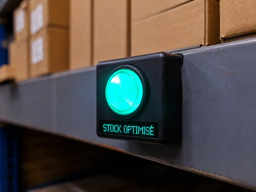 Voyant lumineux vert indiquant un stock optimisé, fixé sur un rayonnage d’entrepôt
