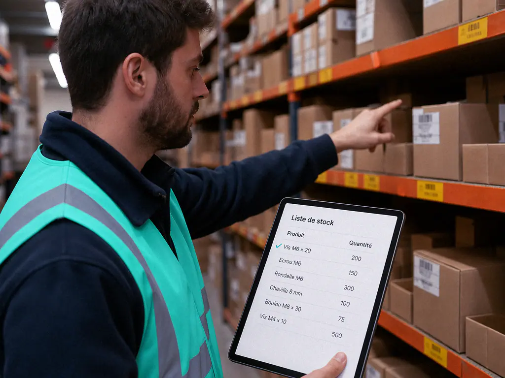 Préparateur en entrepôt comparant une liste de stock sur tablette aux produits en rayon