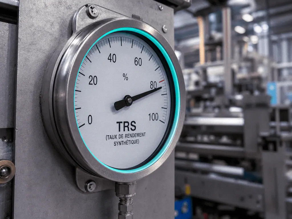 Manomètre industriel gradué de 0 à 100 % marqué TRS, taux de rendement synthétique