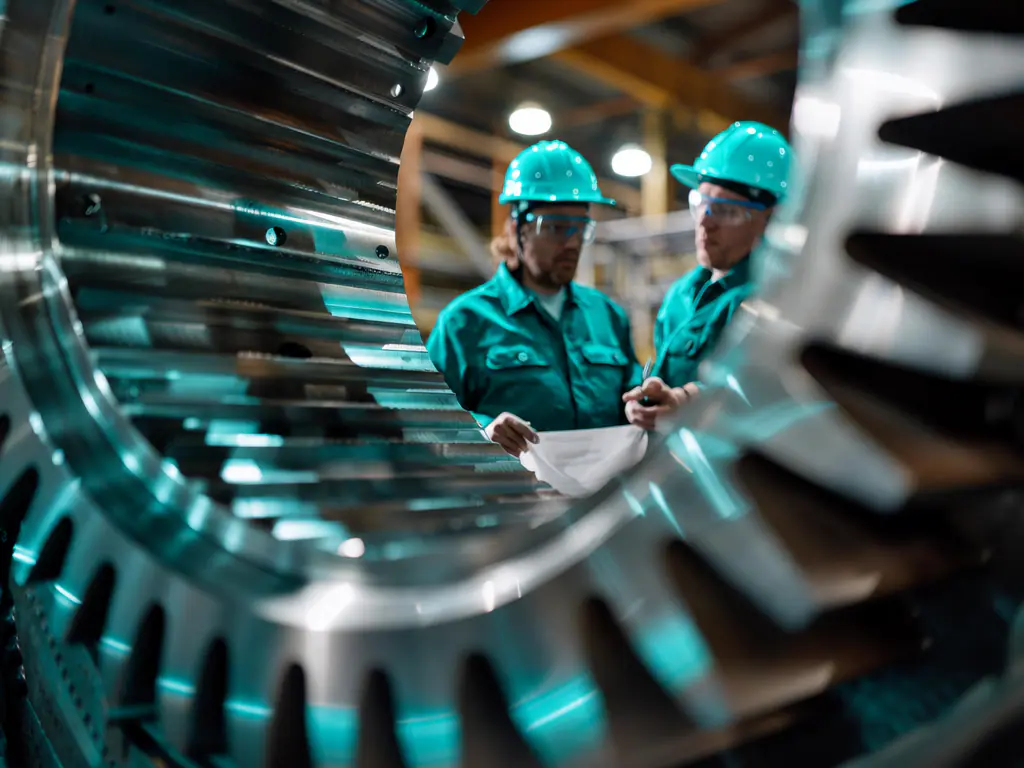 Deux techniciens en casque et lunettes de protection, vus à travers une turbine métallique en atelier