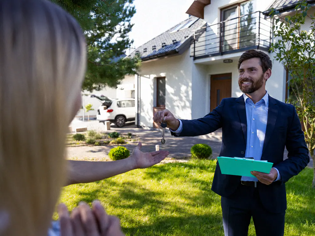 Remise des clés d’un logement neuf à une acquéreuse devant la maison