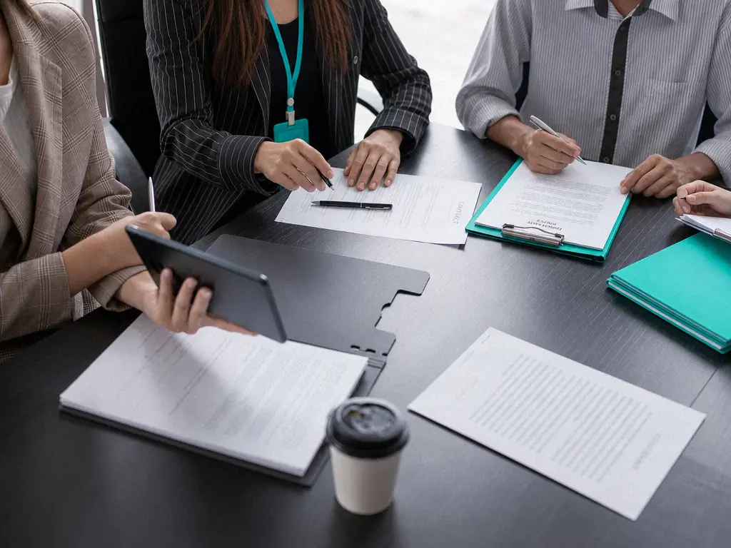 Équipe relisant des documents imprimés et une tablette autour d’une table de réunion