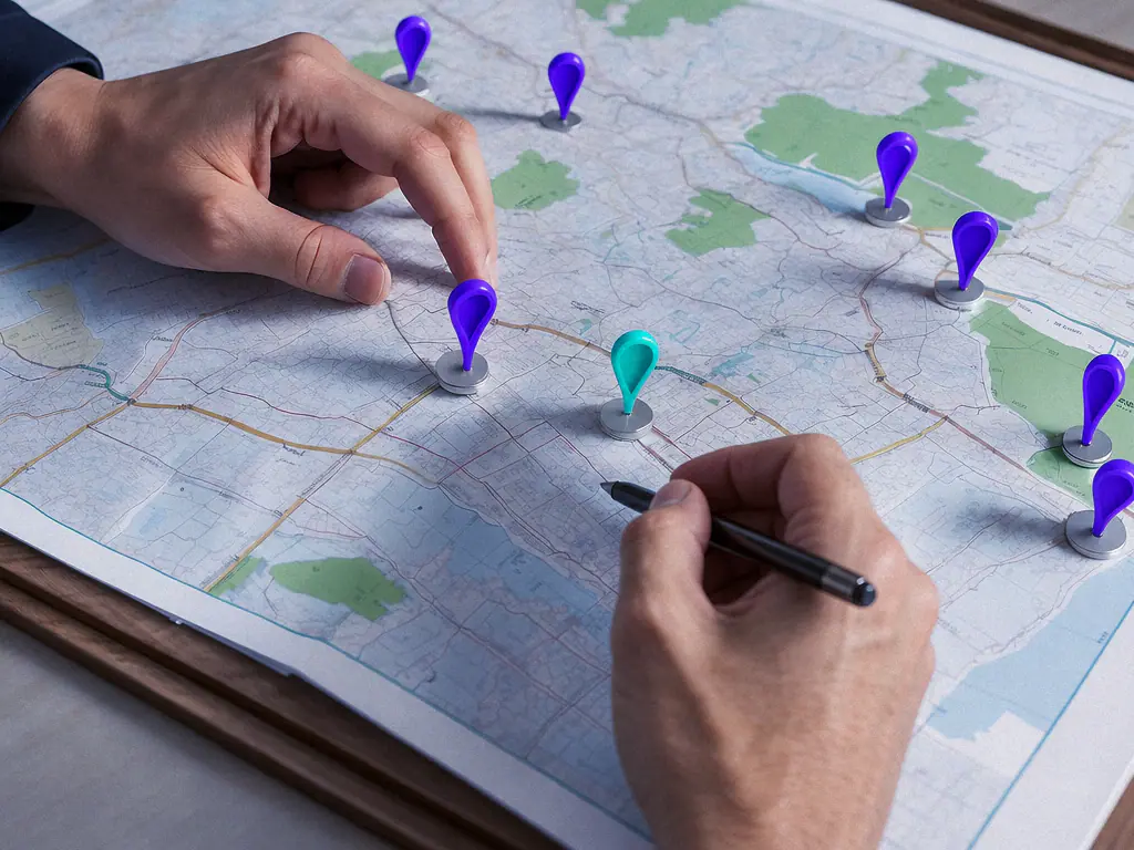 Des mains posent des épingles de couleur sur une carte pour situer les points de vente