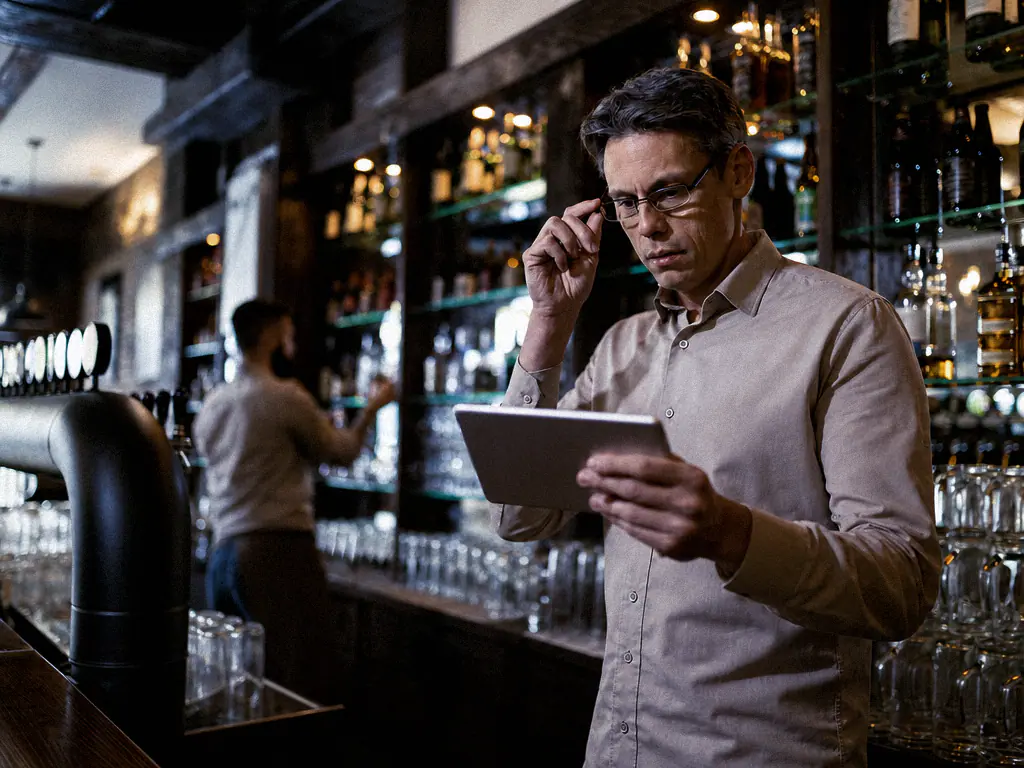 Gérant de restaurant consultant une tablette derrière le bar