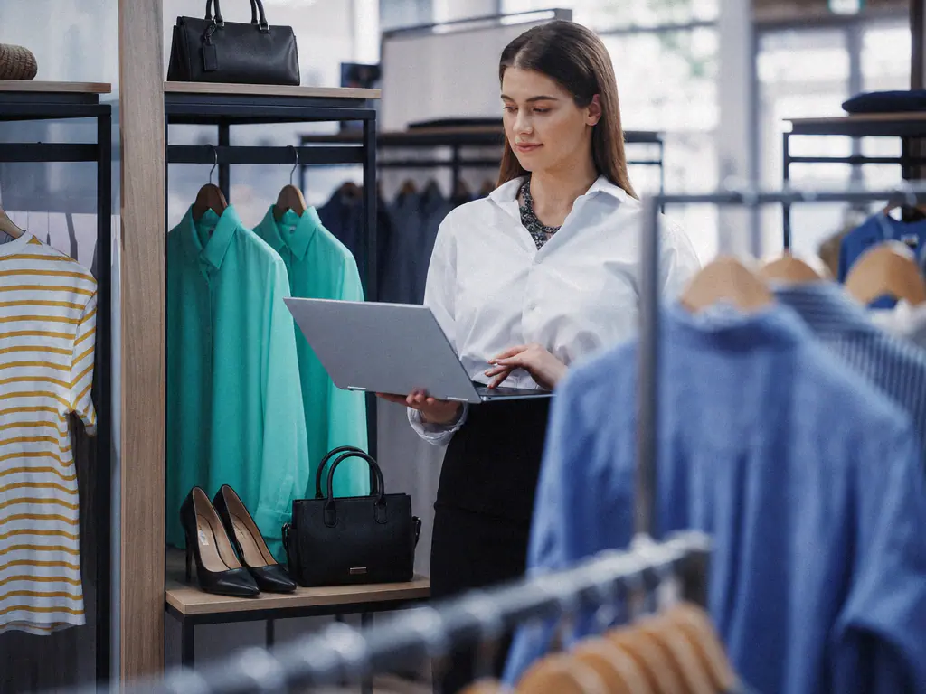 Responsable de boutique de mode consultant un ordinateur portable entre les portants