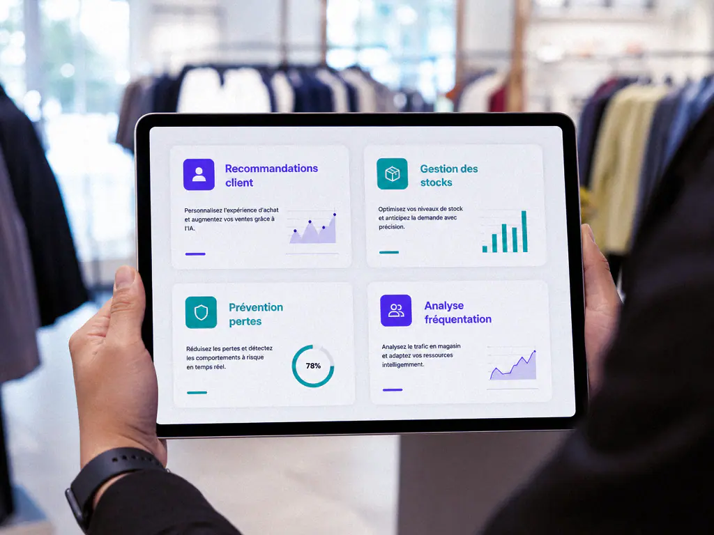 Tablette affichant les usages de l’IA en magasin : recommandations, stocks, pertes, fréquentation