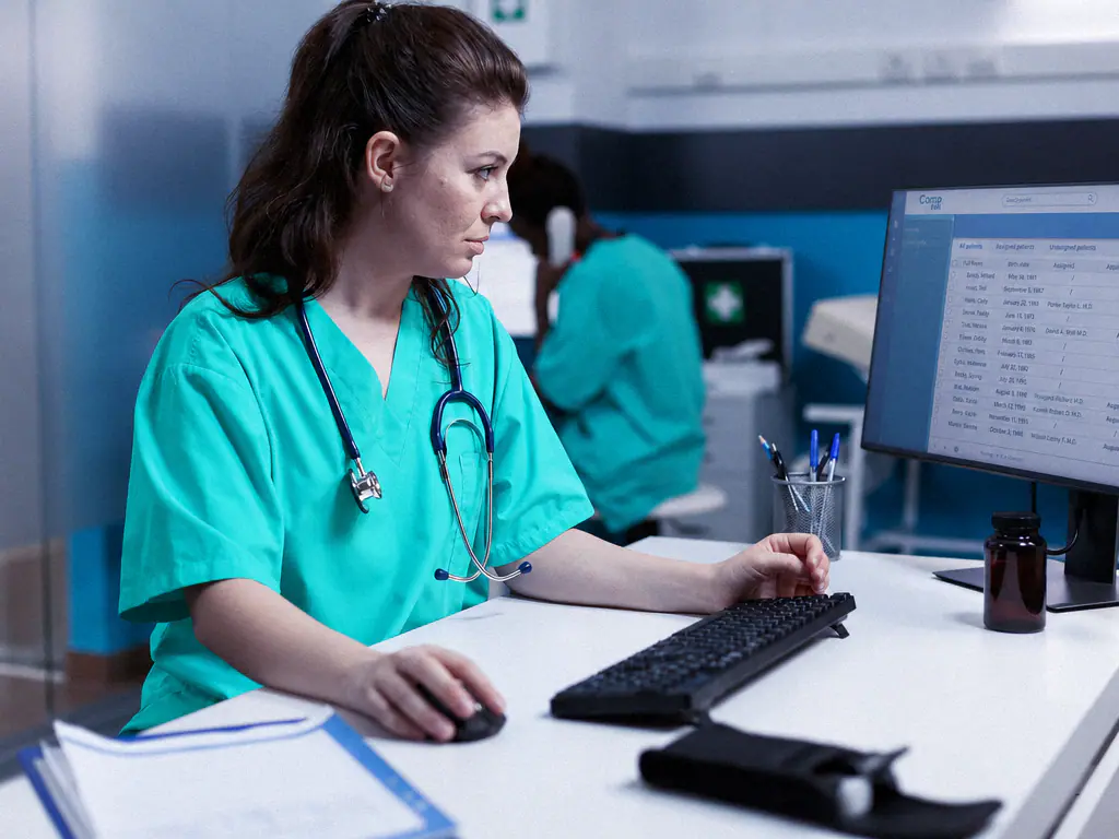 Une infirmière travaille à son poste informatique dans un service de soins