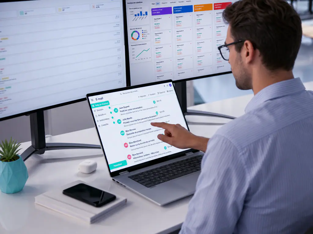 Collaborateur parcourant une boîte de réception en français sur son ordinateur portable
