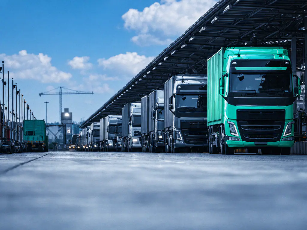 Flotte de camions alignés sous un auvent de plateforme de transport