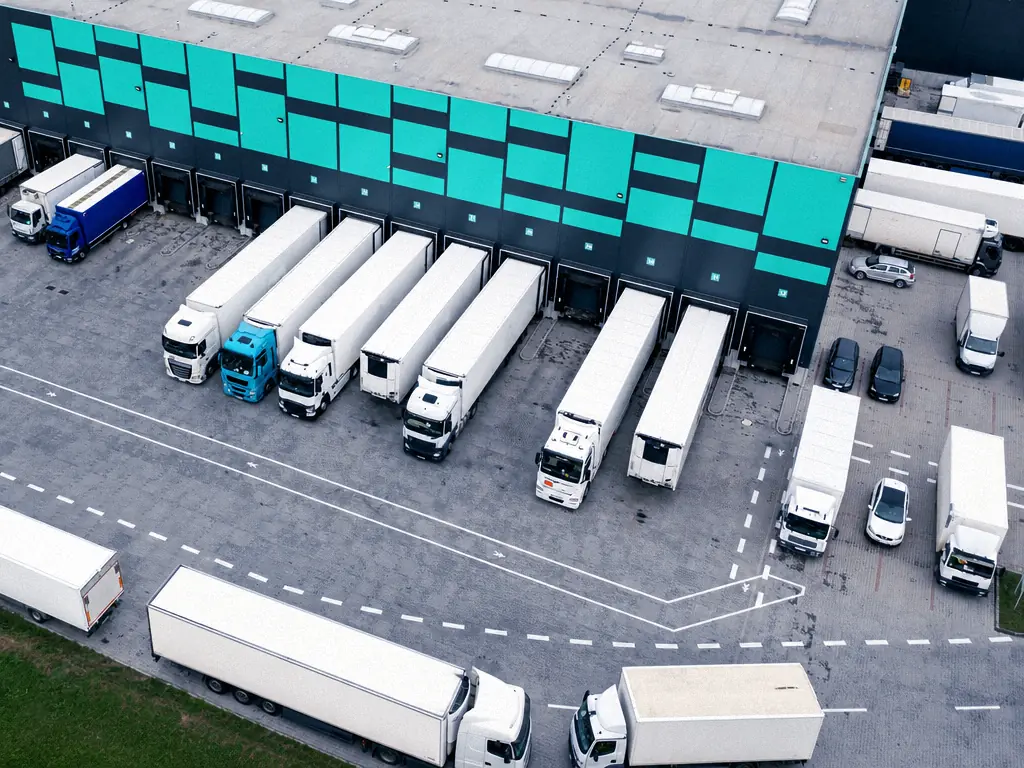 Camions stationnés à quai vus du ciel devant une plateforme au bardage turquoise