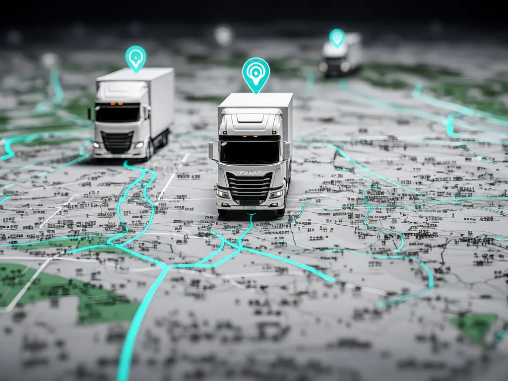 Camions posés sur une carte en relief parcourue d’itinéraires turquoise