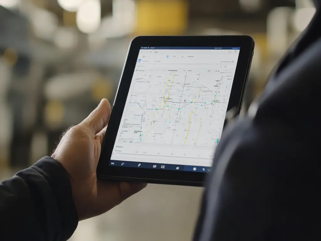 Tablette affichant une carte de suivi des itinéraires tenue par un exploitant transport