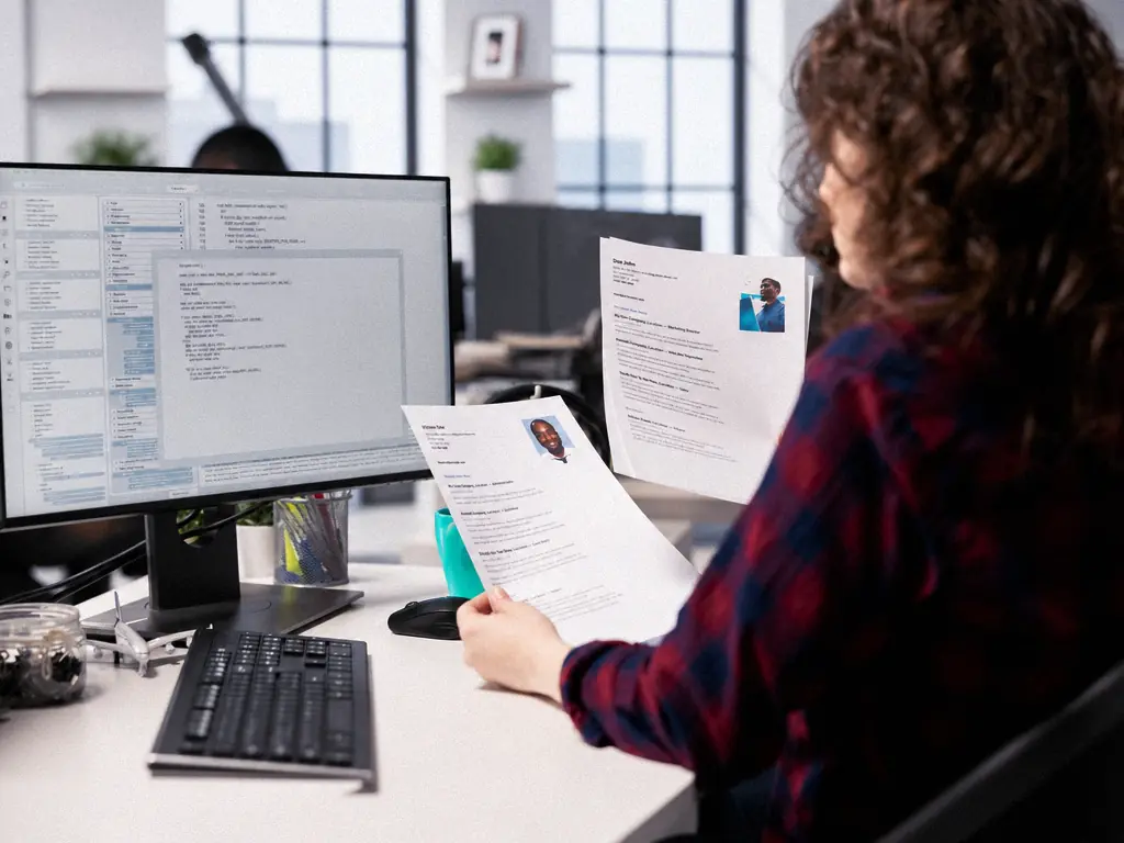 Recruteuse tenant deux CV à la main devant son écran de travail