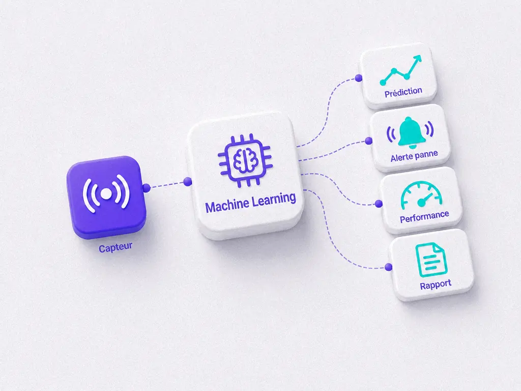 Un capteur reliÃ© Ã  un modÃ¨le de machine learning qui produit prÃ©dictions, alertes et rapports