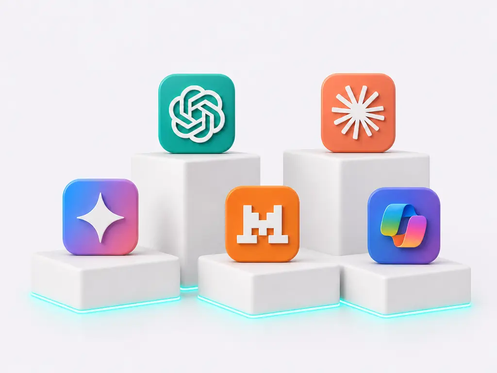 Les logos des principaux assistants d'IA sur des podiums