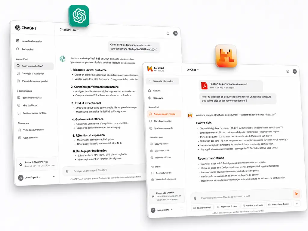 Les interfaces de ChatGPT et du Chat de Mistral analysant un document