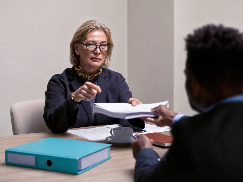 Une juriste remet un document à un client lors d’un rendez-vous au cabinet