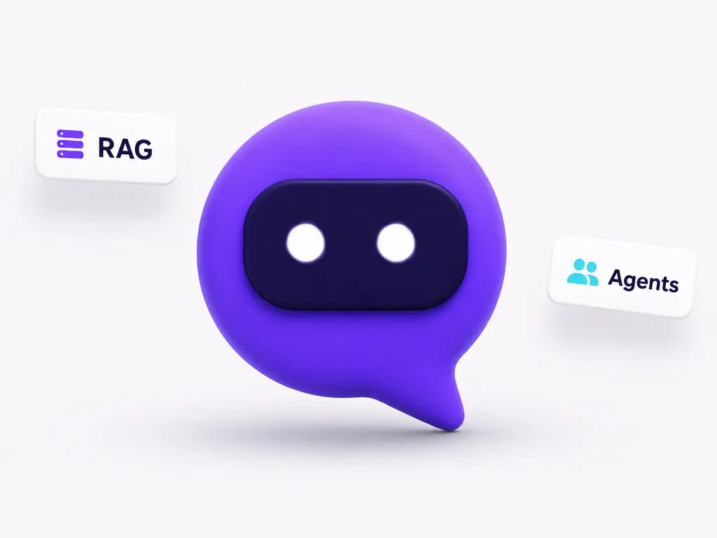 Une bulle de dialogue souriante entourÃ©e des mots RAG et Agents